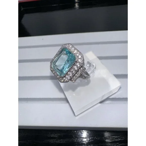 Aquamarine Cubic Zirconia White Crystal Ring Size 7 - Picture 9 of 16